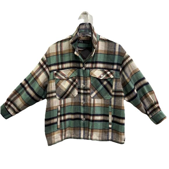 Zara Plaid Shacket Sz Med Green &Tan Front Button Jacket Cozy Pockets - Picture 1 of 6